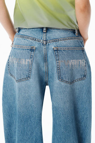 Дамски дънки Wide Leg с камъни – модерен широк модел